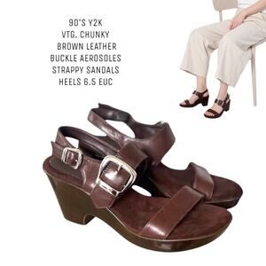 90'S‎ Y2K VTG. CHUNKY BROWN LEATHER BIG BUCKLE PLATFORM SANDALSAEROSOLES SZ 6.5